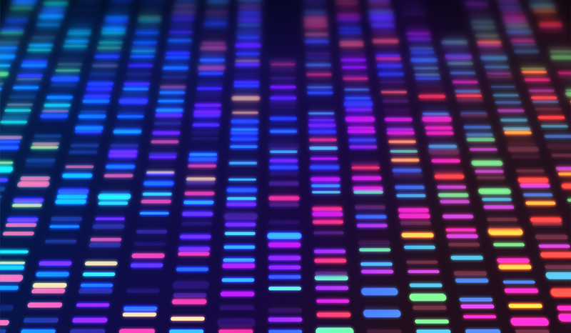Colorful DNA sequence pattern with glowing horizontal bars on a dark background, resembling a digital or futuristic display.