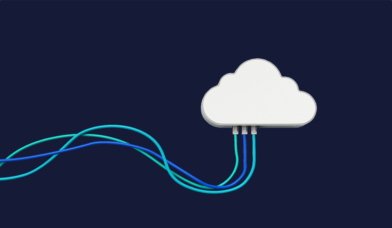 Cloud-shaped object with three cables (blue, teal) extending from it, set against a dark background.