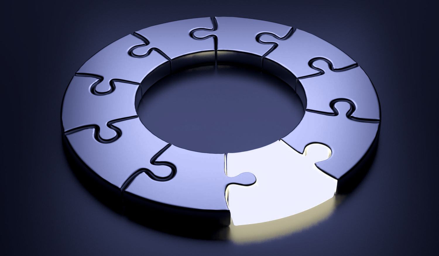 A circular puzzle with one glowing piece missing, creating a gap. The puzzle pieces are metallic and arranged in a ring shape.