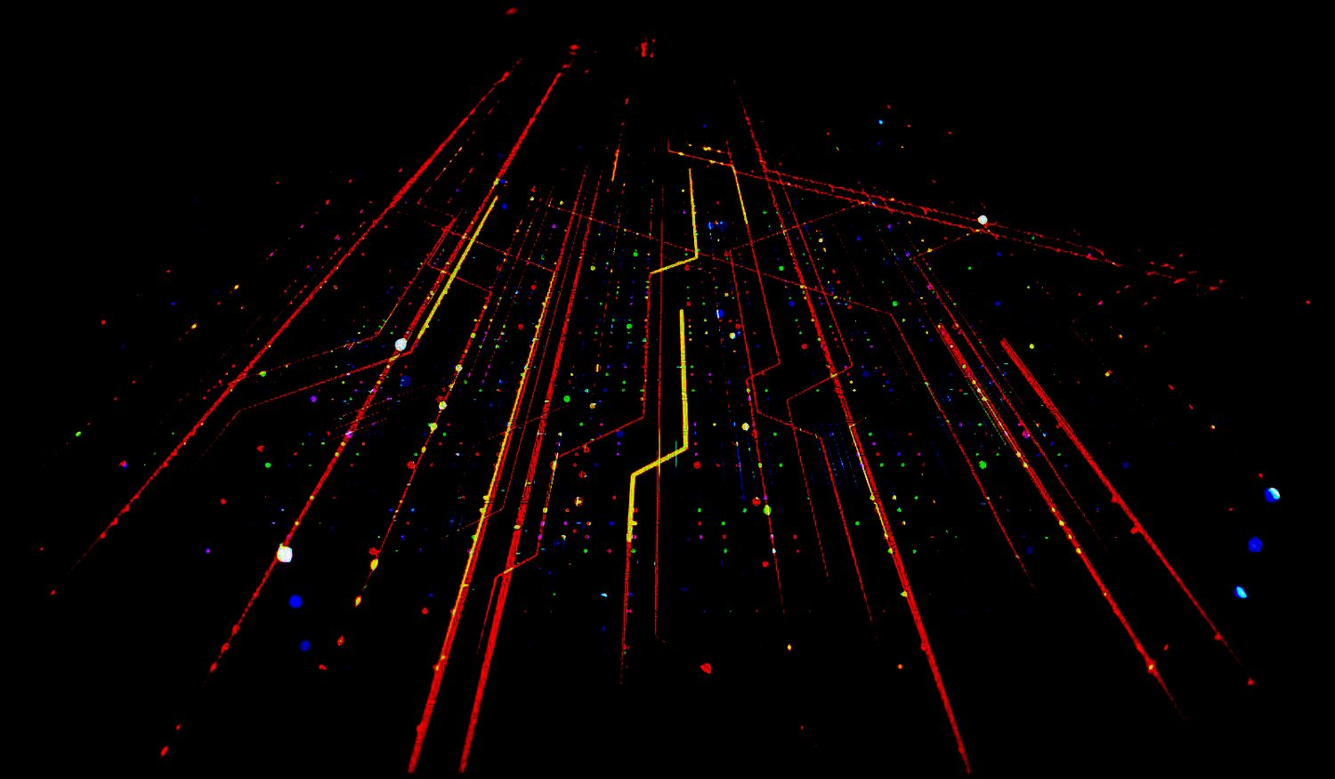 Abstract image of glowing red and yellow lines and colorful dots on a black background, resembling a futuristic data network.