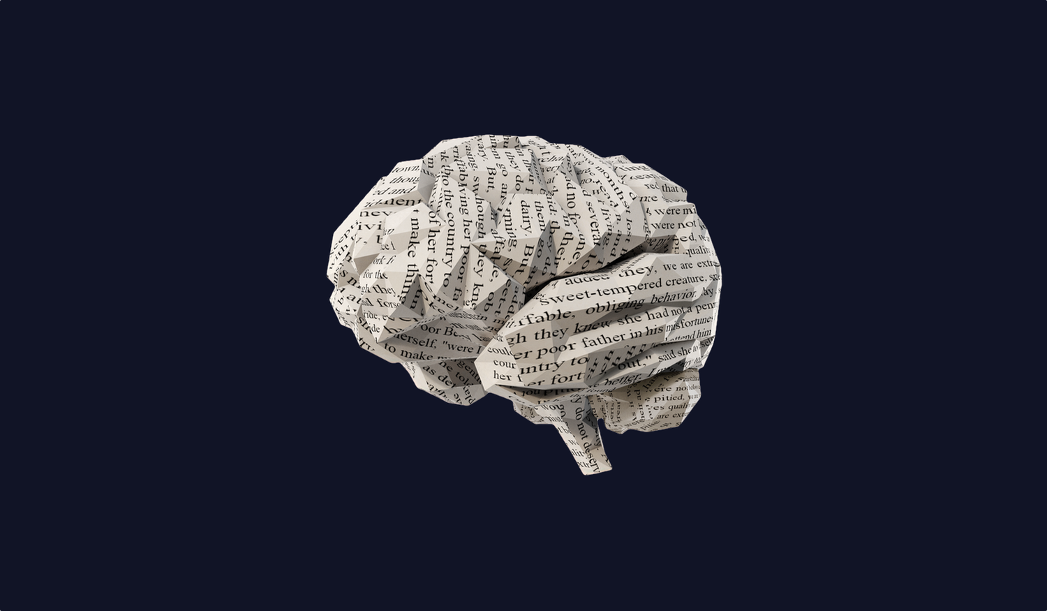 A brain model made of printed newspaper text on a dark background.