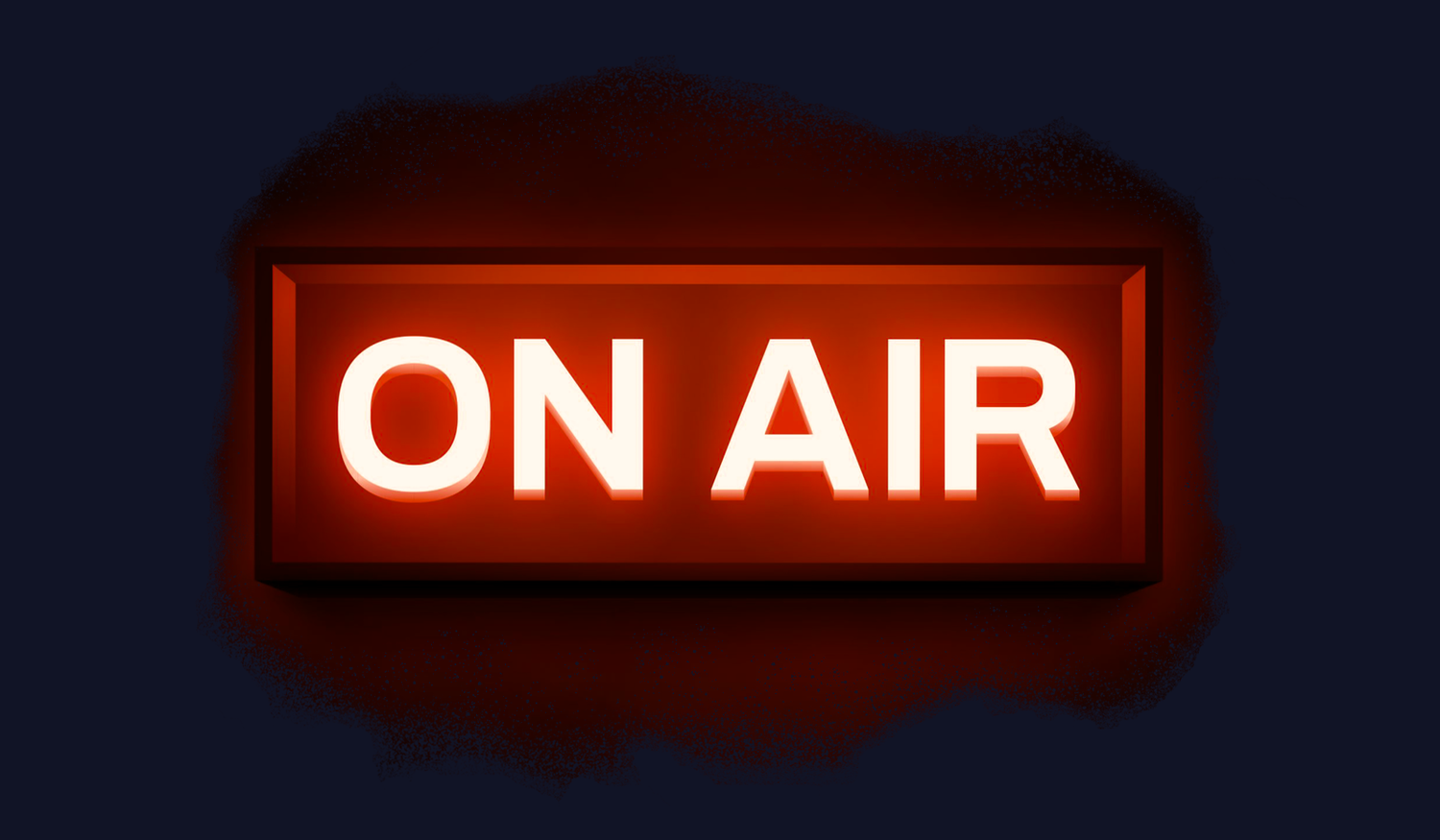 A glowing red "ON AIR" sign against a dark background, indicating live broadcasting.