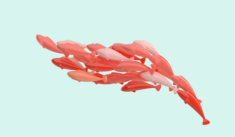 A digital artwork of a stylized school of red and pink fish swimming together against a light blue background.
