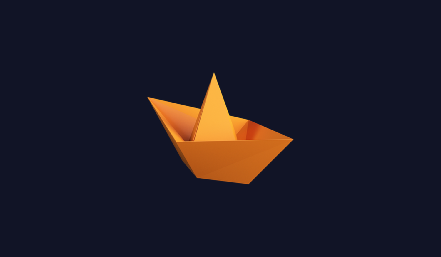 Origami-style orange paper boat on a dark blue background.