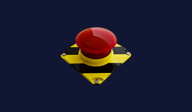 Red emergency button on a yellow and black striped base, mounted on a dark blue background.