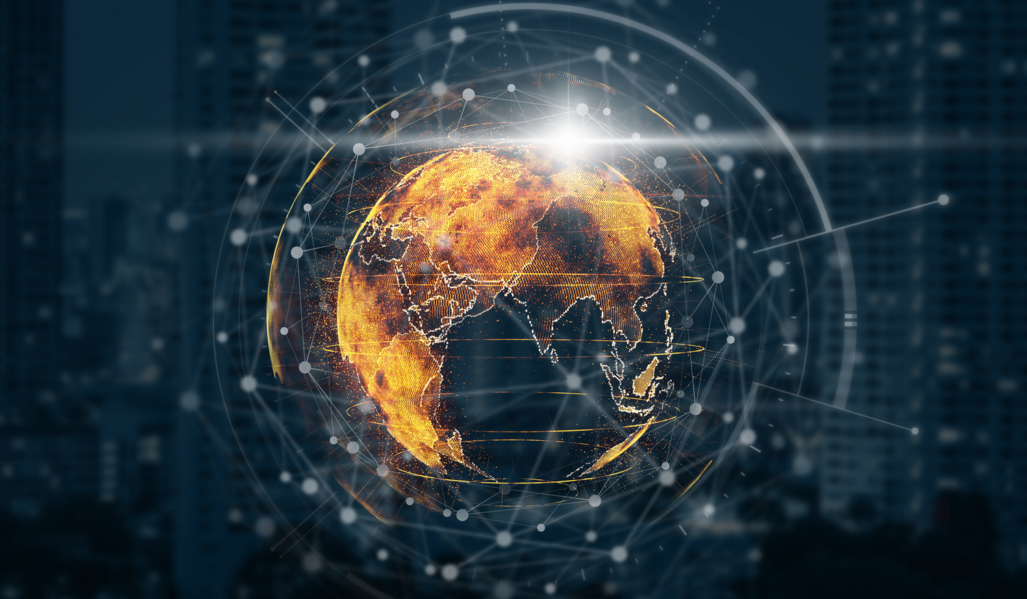 Digital globe with glowing continents, surrounded by network lines and nodes, set against a blurred cityscape background.