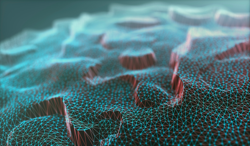 A digital 3D mesh with glowing blue and red lines forms an abstract, undulating surface resembling a topographical map.