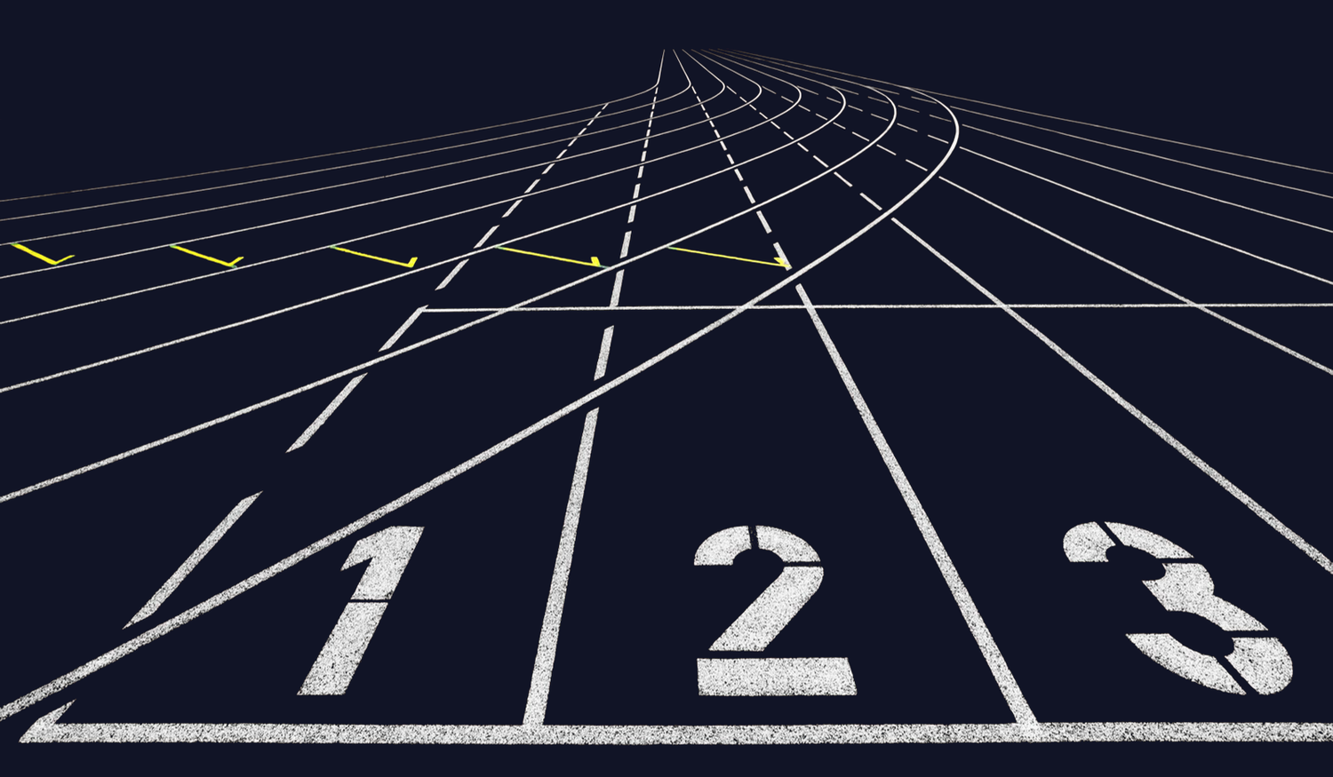 A dark running track with lanes numbered one to three, marked with white lines and yellow arrows, converging in the distance.