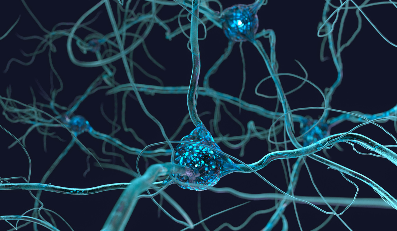 A detailed 3D illustration of neurons with glowing blue synapses and interconnecting axons against a dark background.