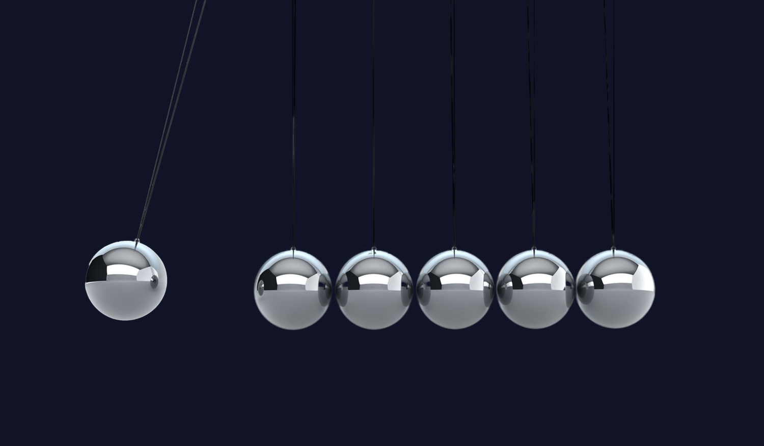 Newton's cradle with five silver spheres, one lifted, against a dark background, illustrating motion and physics concepts.