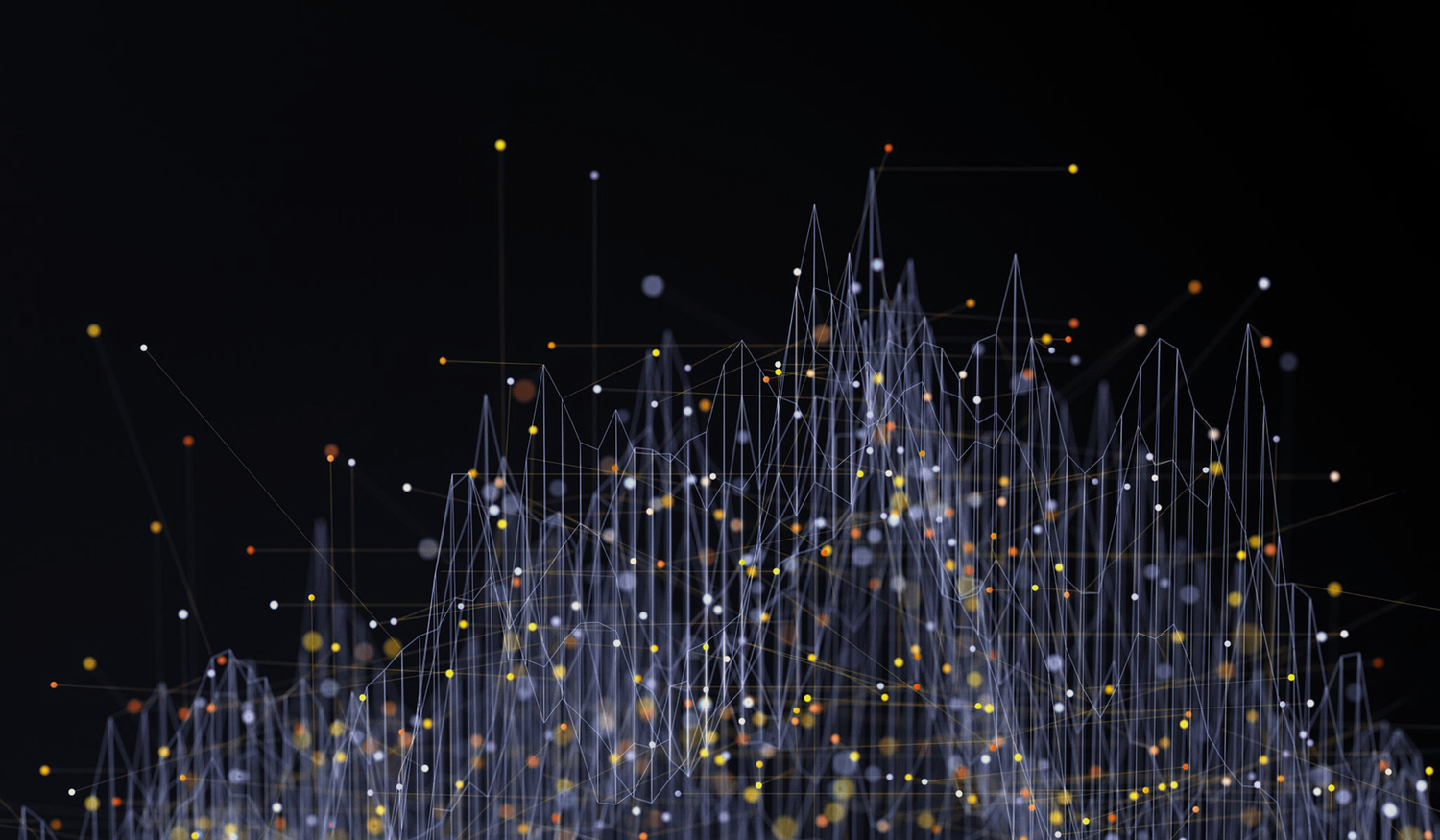 Abstract digital landscape with interconnected lines and glowing dots on a dark background, resembling a network or data visualization.