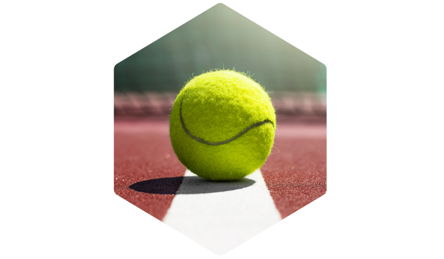 A close-up of a tennis ball perfectly still on a white court line, within a hexagon-shaped border. Symbolizes a level playing field, organizational inertia, and the moment to take action in regulated industries.