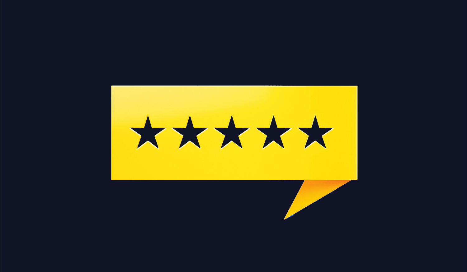 Yellow speech bubble with five black stars on a dark background, symbolizing a five-star rating or review.