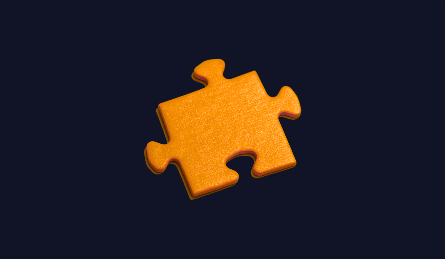Orange puzzle piece on a dark blue background, showcasing its interlocking edges and textured surface.