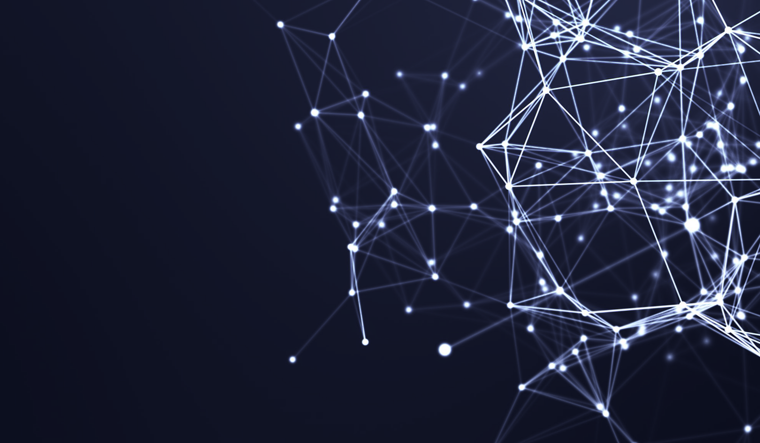 Abstract geometric network with glowing white interconnected lines and nodes on a dark blue background.