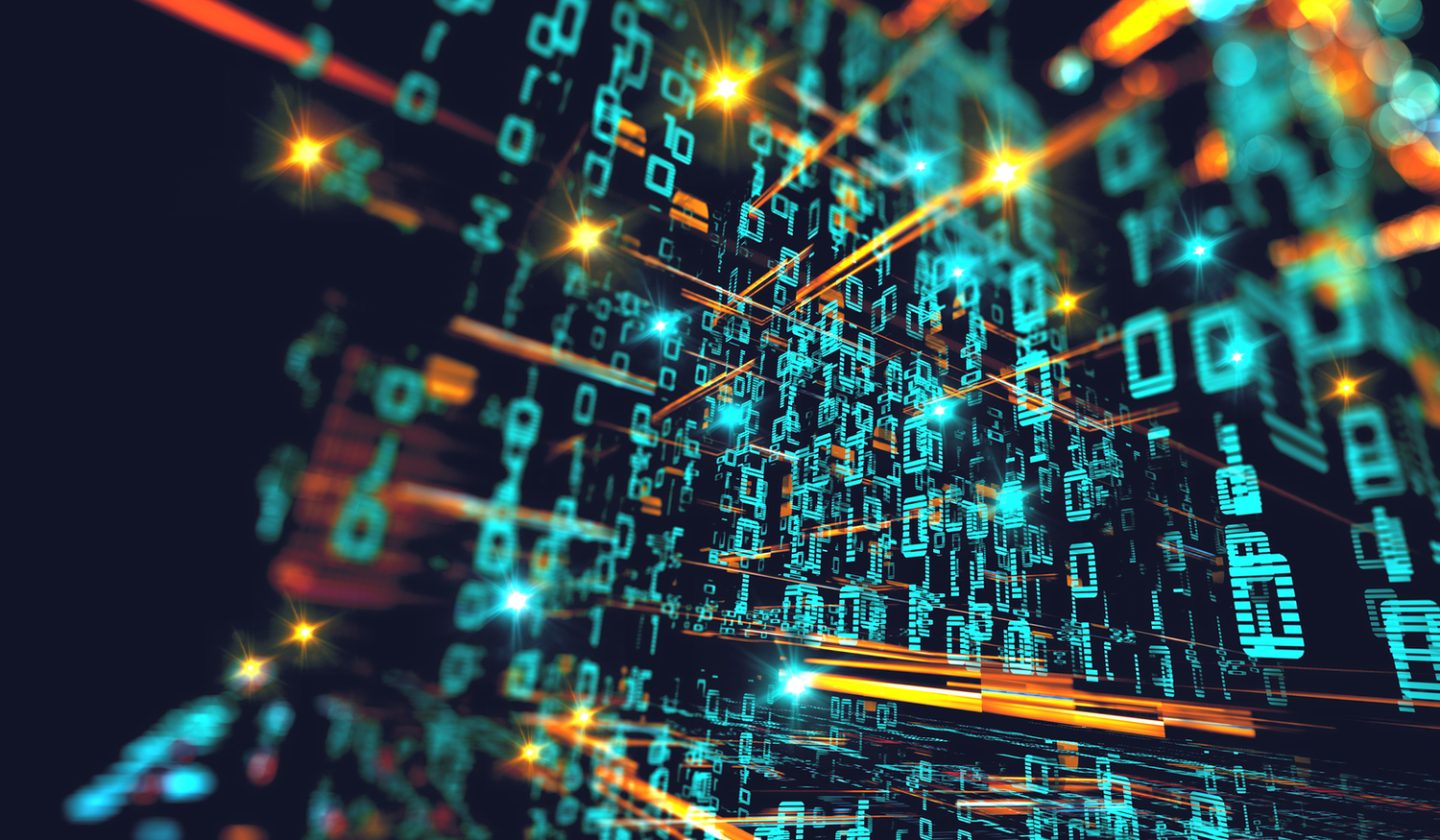 Abstract digital matrix with glowing binary code and dynamic light streaks, creating a futuristic, high-tech visual effect.