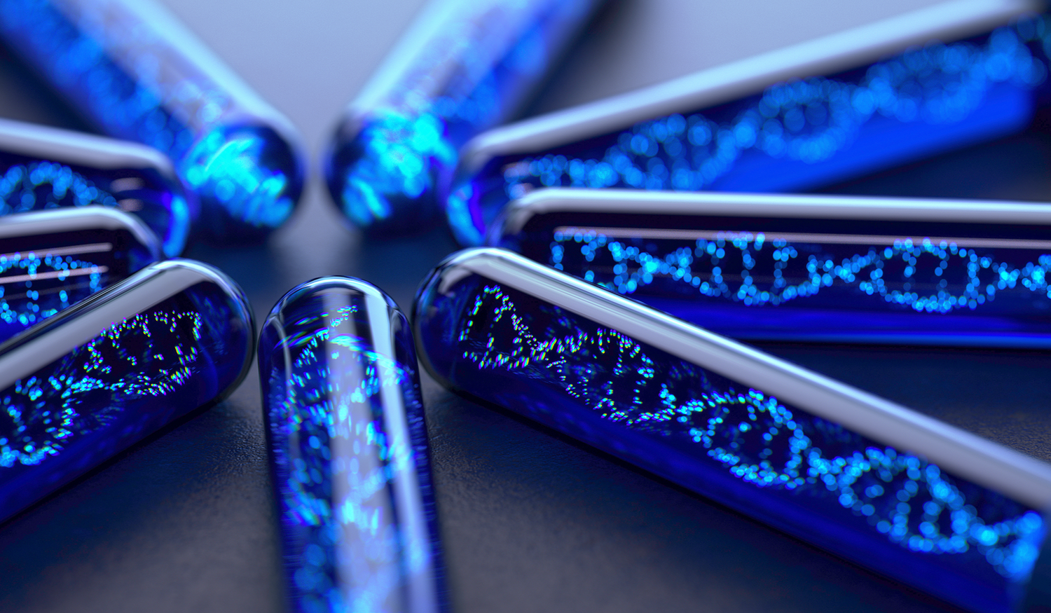 Several test tubes arranged in a circle, each containing a glowing blue DNA helix pattern against a dark background.