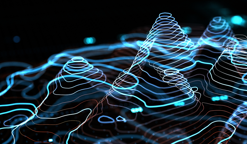Abstract digital landscape with glowing blue and orange contour lines forming peaks and valleys on a dark background.