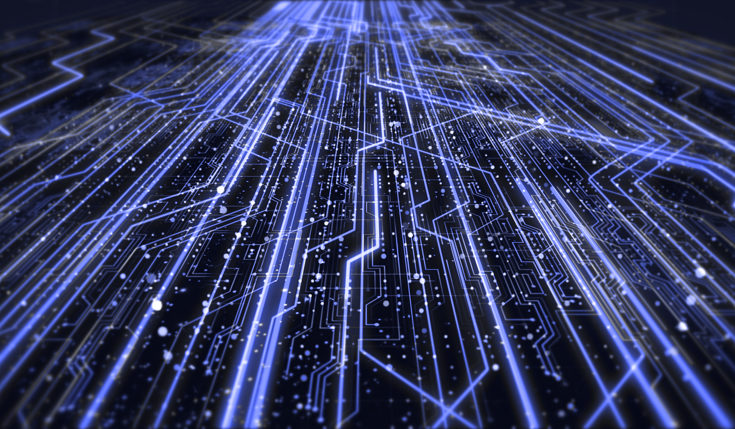 Abstract digital circuit pattern with glowing blue lines and dots on a dark background, resembling a futuristic network or data flow.