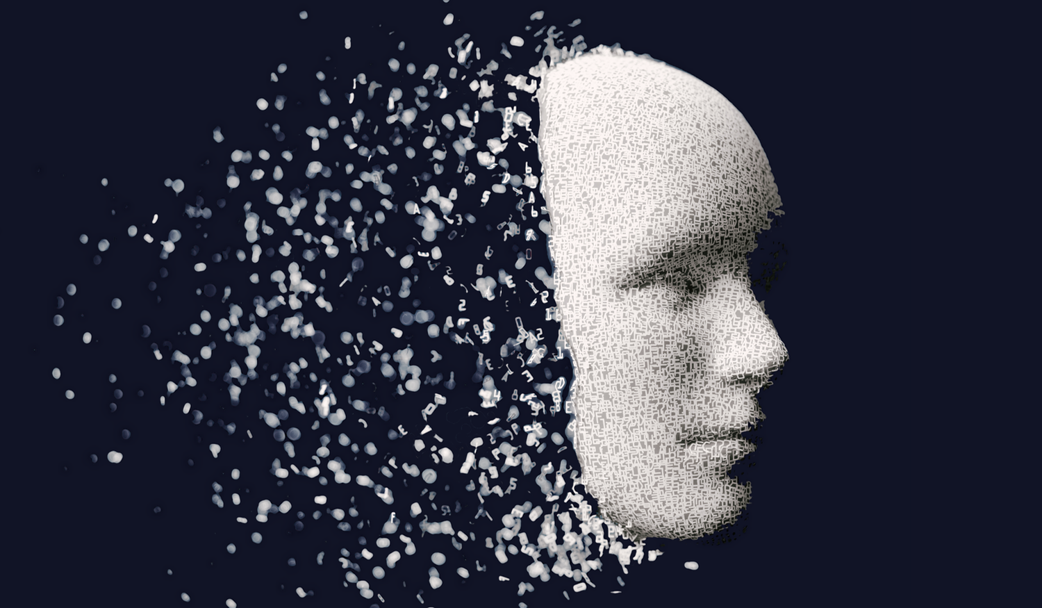 A digital human face disintegrating into particles against a dark background, symbolizing technology and fragmentation.