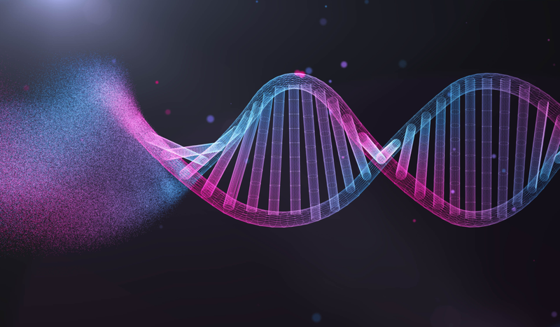 A vibrant 3D DNA helix with pink and blue strands on a dark background, surrounded by glowing particles.