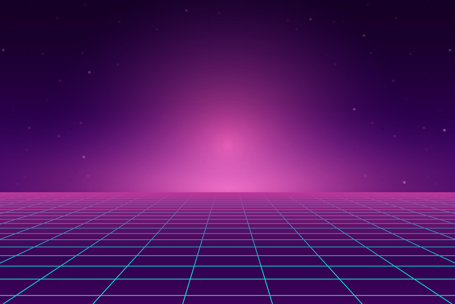 Retro futuristic grid landscape with a purple gradient sky and small stars, creating a digital 80s aesthetic.
