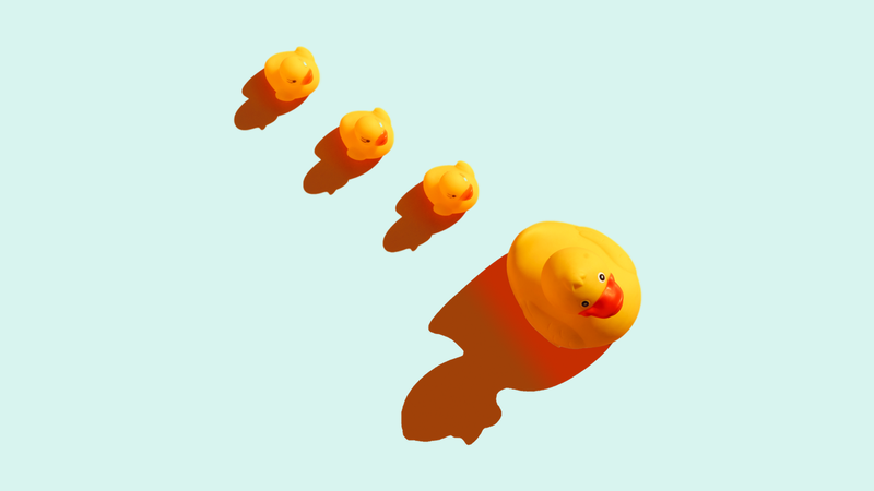 A large rubber duck leads three smaller ducks in a diagonal line on a light blue background, casting distinct shadows.