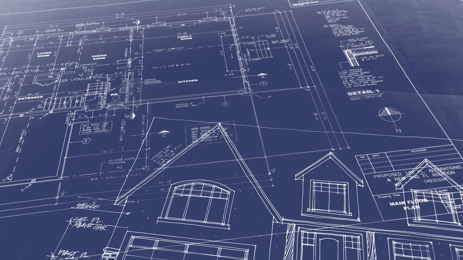 Architectural blueprint overlay showing detailed floor plans and a house exterior sketch on a dark background.