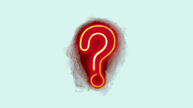 A glowing red neon question mark embedded in a textured white wall, set against a light blue background.