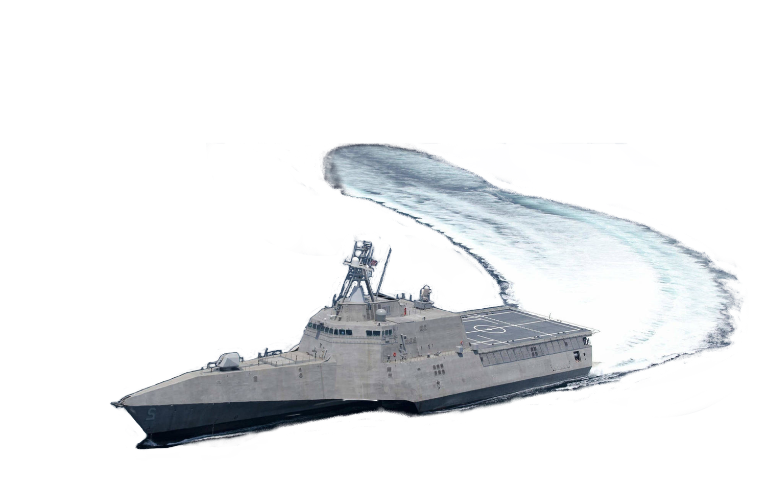 A modern naval warship making a sharp turn on the water, leaving a wide, foamy wake behind.