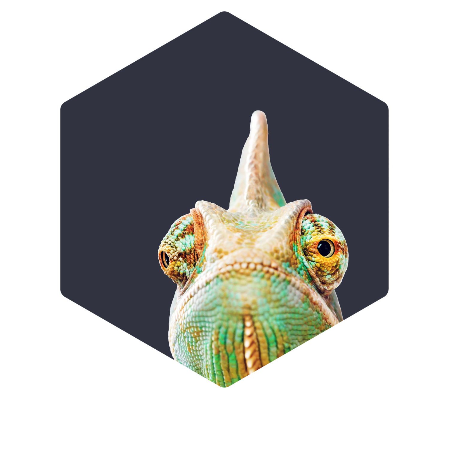 Close-up of a chameleon's face with vibrant green and yellow scales, set against a dark hexagonal background.