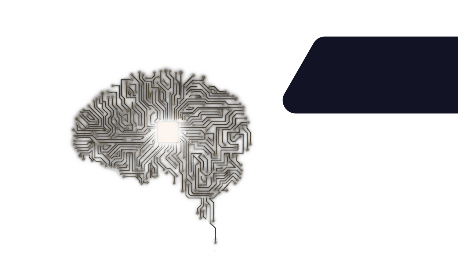Illustration of a brain-shaped circuit board with a glowing central chip, set against a dark background with a blue rectangular shape on the right.