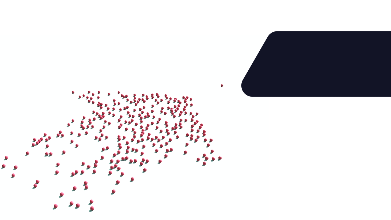 Numerous small red particles move towards a large dark blue geometric shape on a white background.