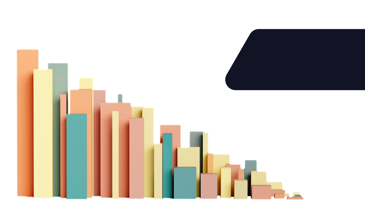 3D bar chart with colorful, varying height bars, decreasing from left to right, on a white background with a dark blue shape in the top right.