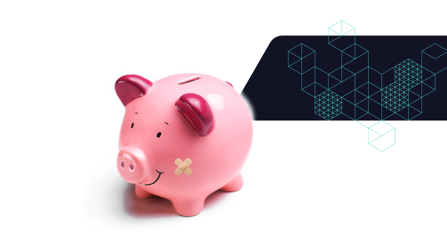 A pink piggy bank with a smile and bandaid signifying the regulated industries, featuring a light-blue hexagonal pattern design in the background.