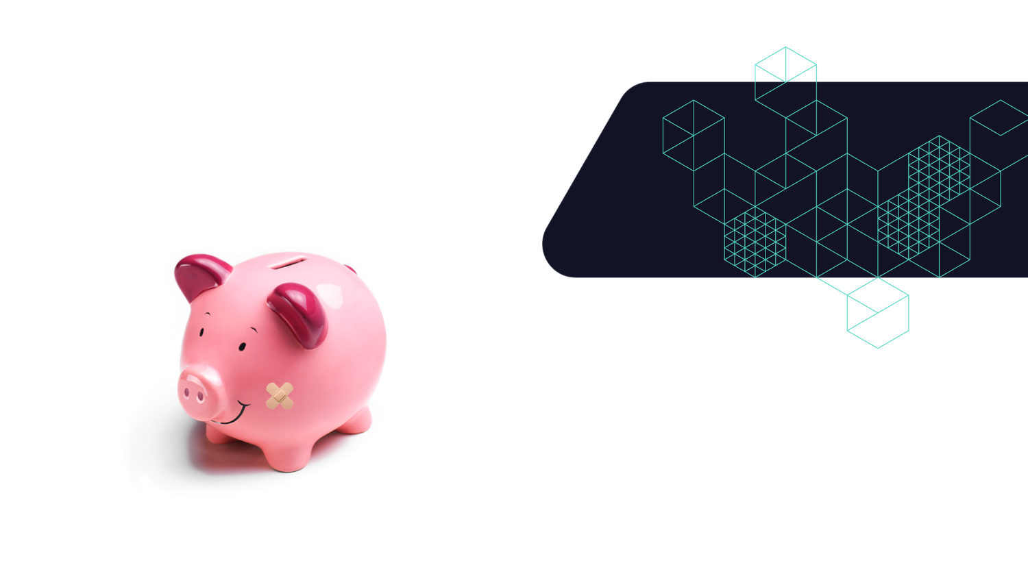 Pink piggy bank with a bandage on its cheek on the left signifyng regulated industry of finance and healthcare and pharmaceutical; geometric cube pattern on a dark background on the right.