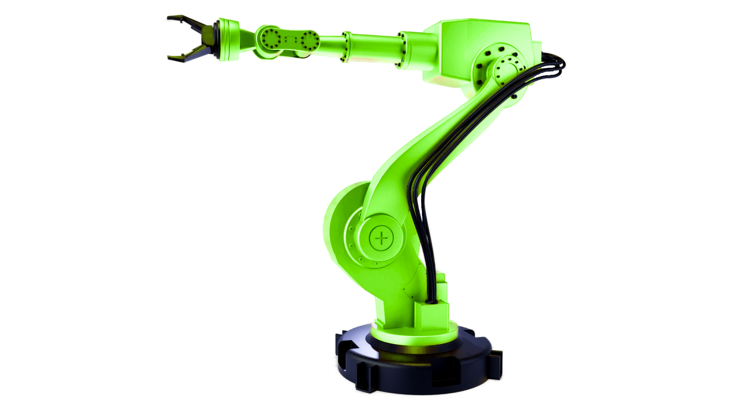 A pink robotic arm with a claw-like gripper, mounted on a black base, positioned against a plain white background.