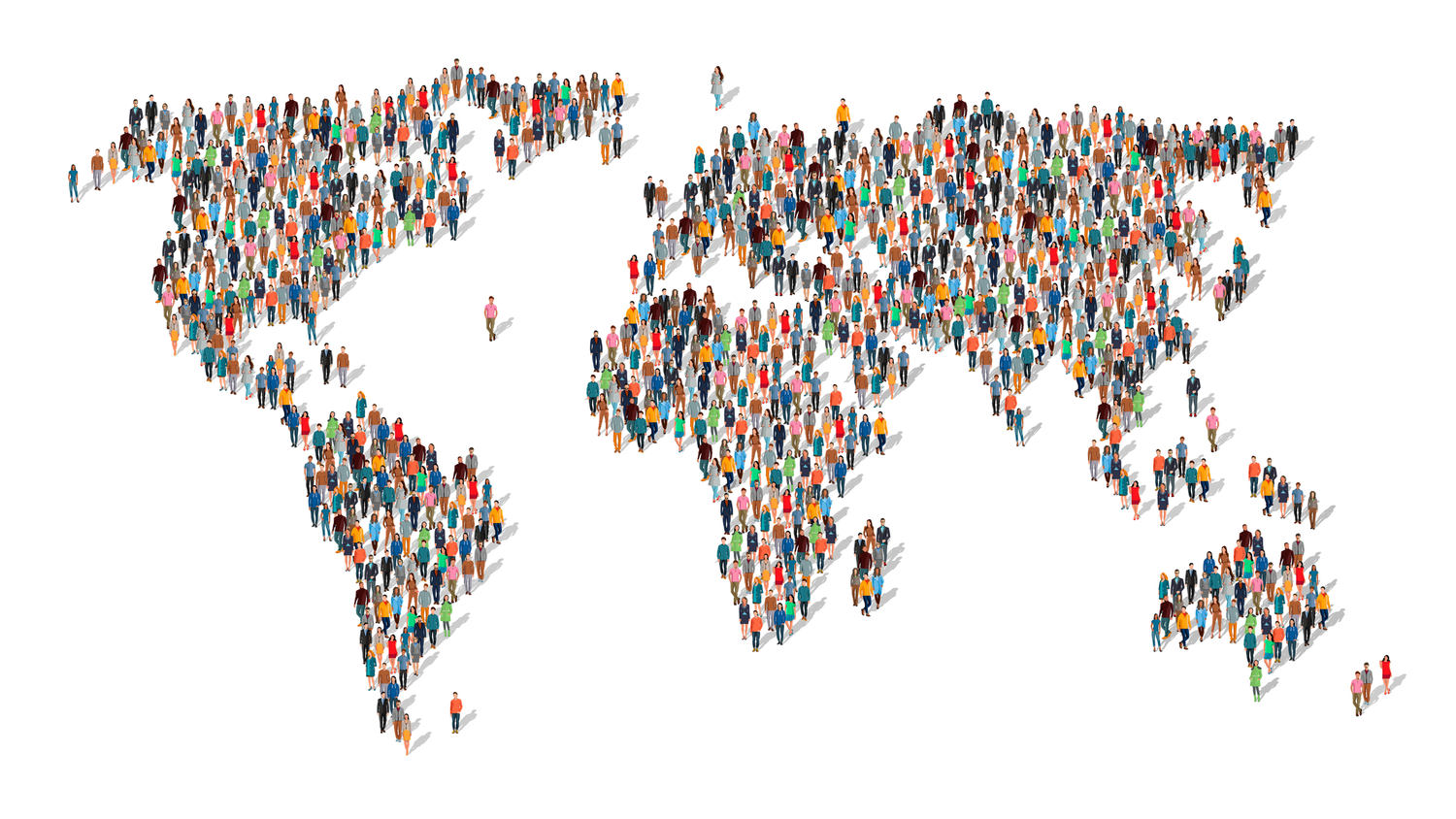 Illustration of a world map formed by a diverse crowd of people, symbolizing global unity and diversity on a white background.