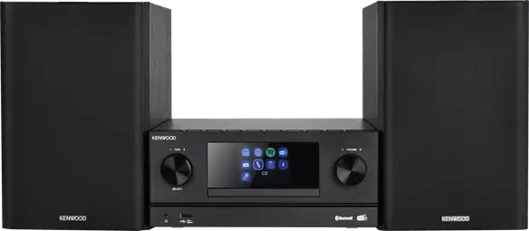 A black stereo system with two speakers and a central control unit featuring a digital display and control knobs.