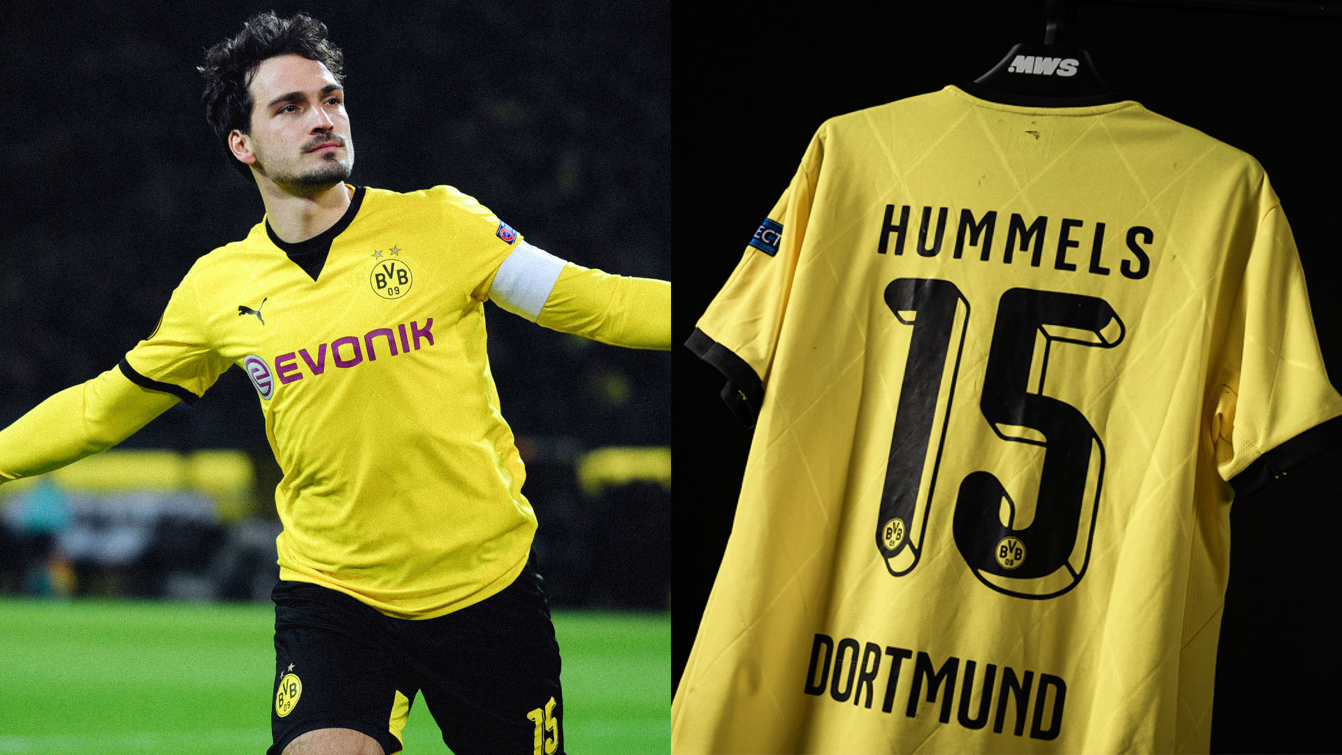 Left: Mats Hummels celebrates goal against Liverpool. Right: The match-worn shirt from the game