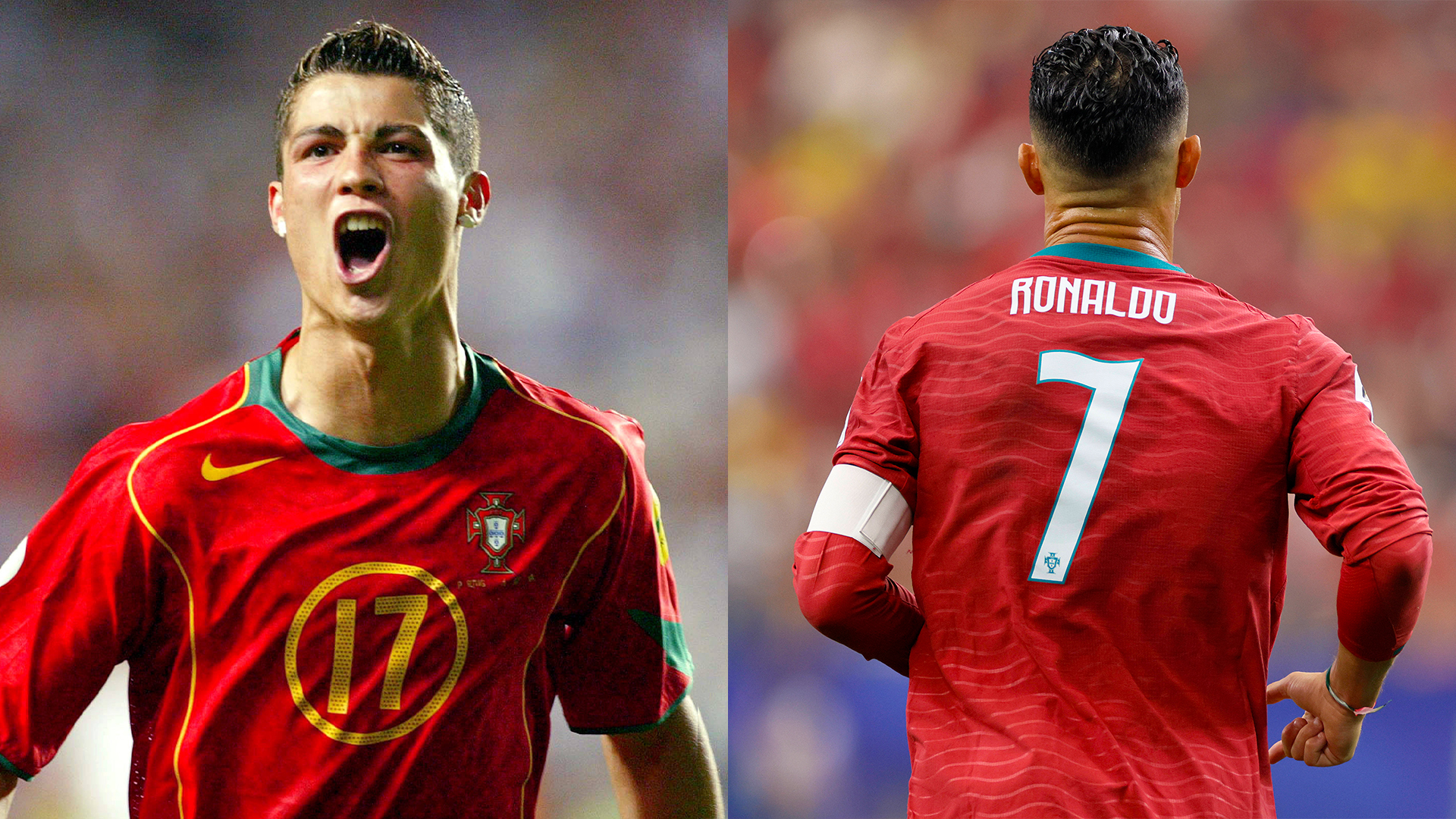 Ronaldo wearing number 17 in 2004 and number 7 in 2026