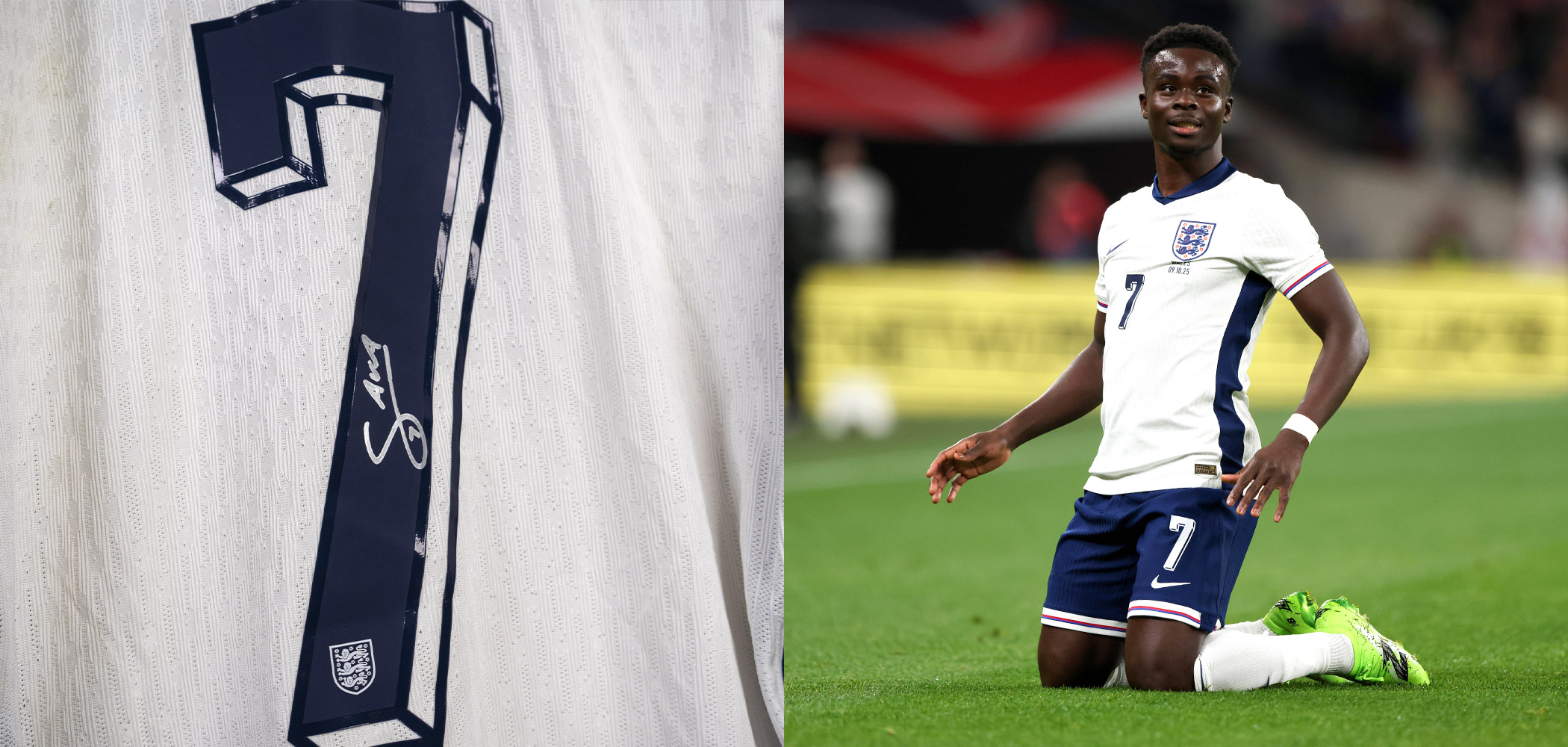 Bukayo Saka and a close up of his worn and signed England football shirt
