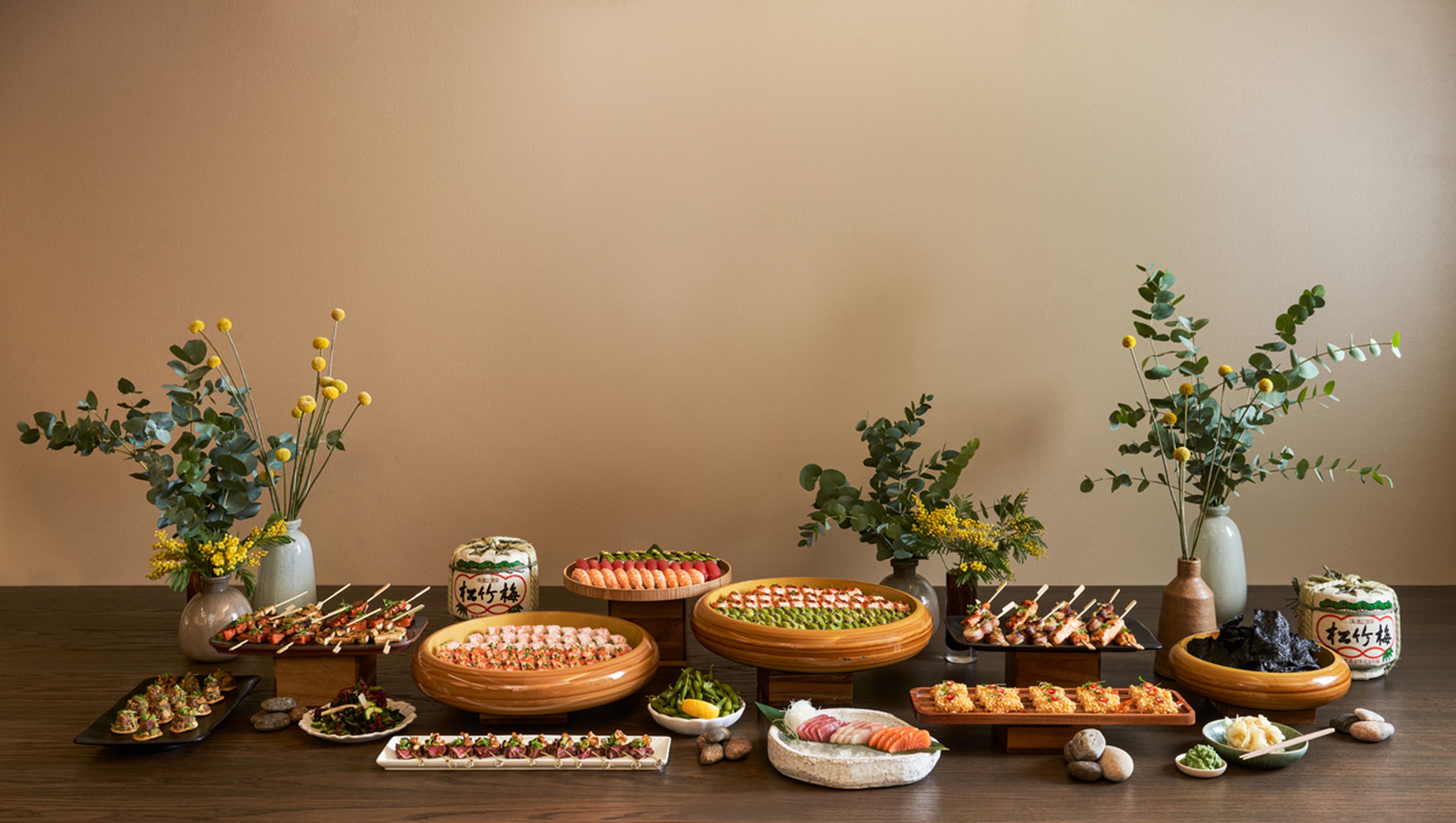 Long table set up with catering options