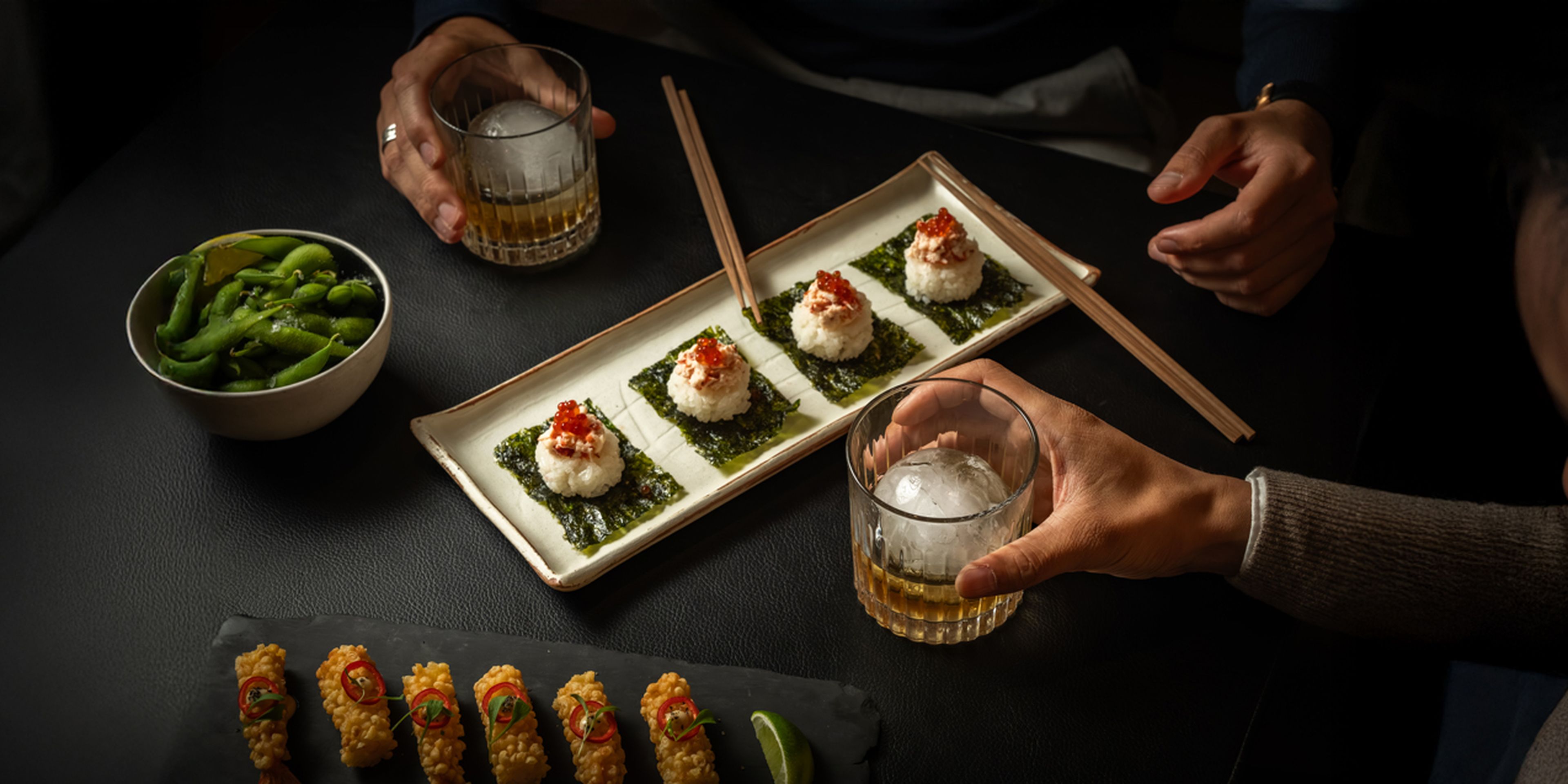 Whiskey, Dinner, Sushi, bites, Long table