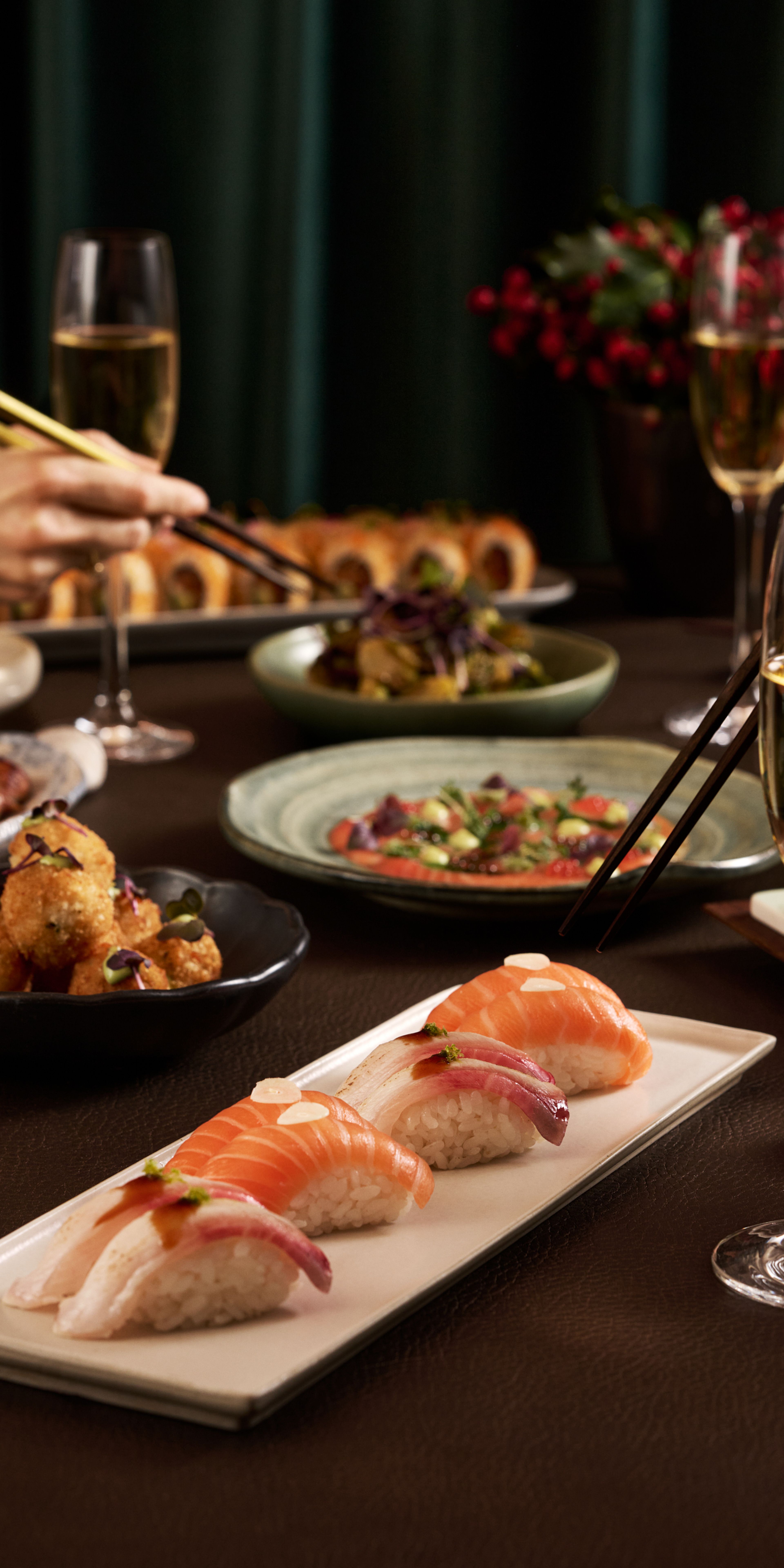 christmas, party, dinner, sushi