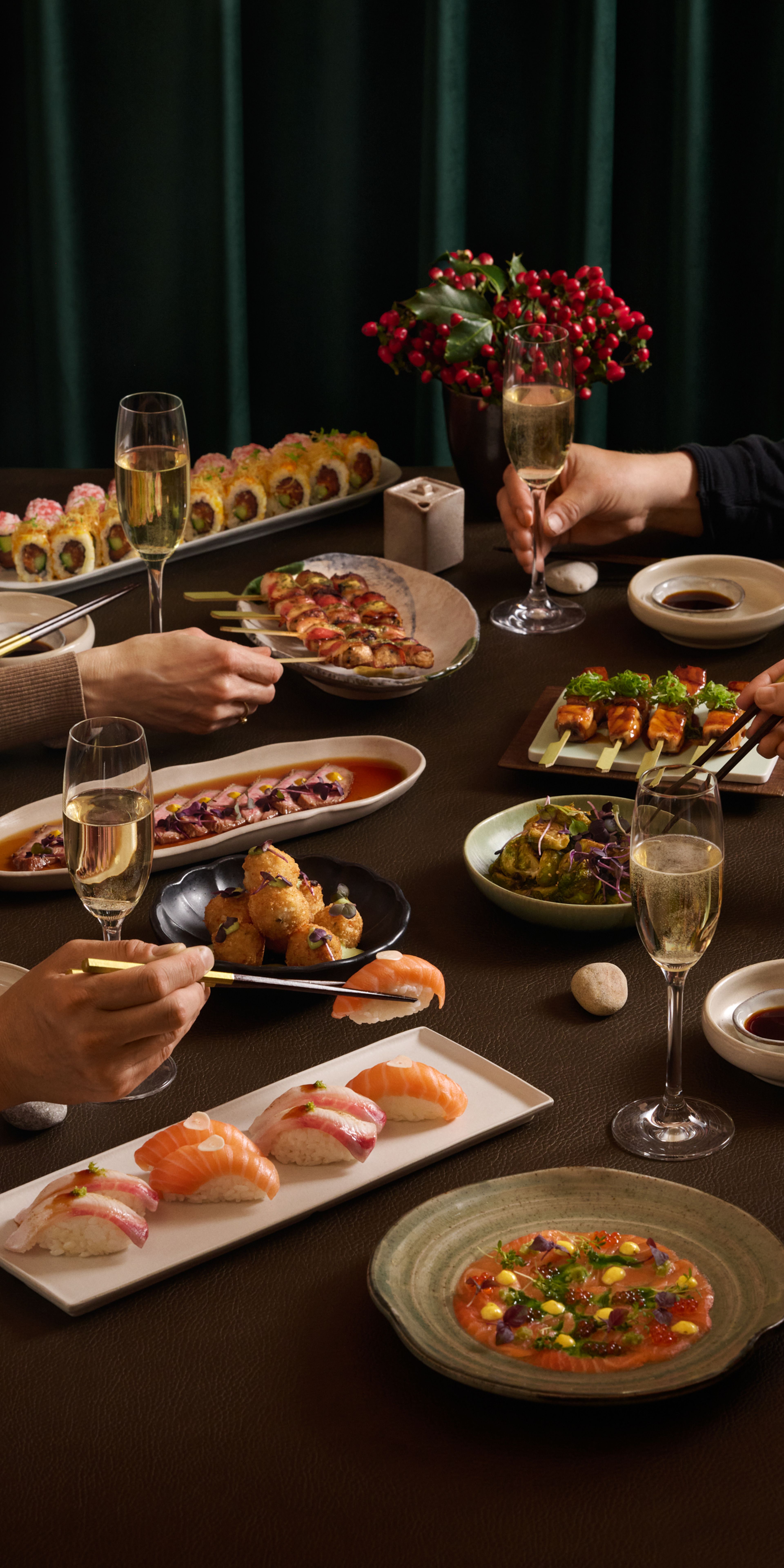 christmas, party, dinner, sushi