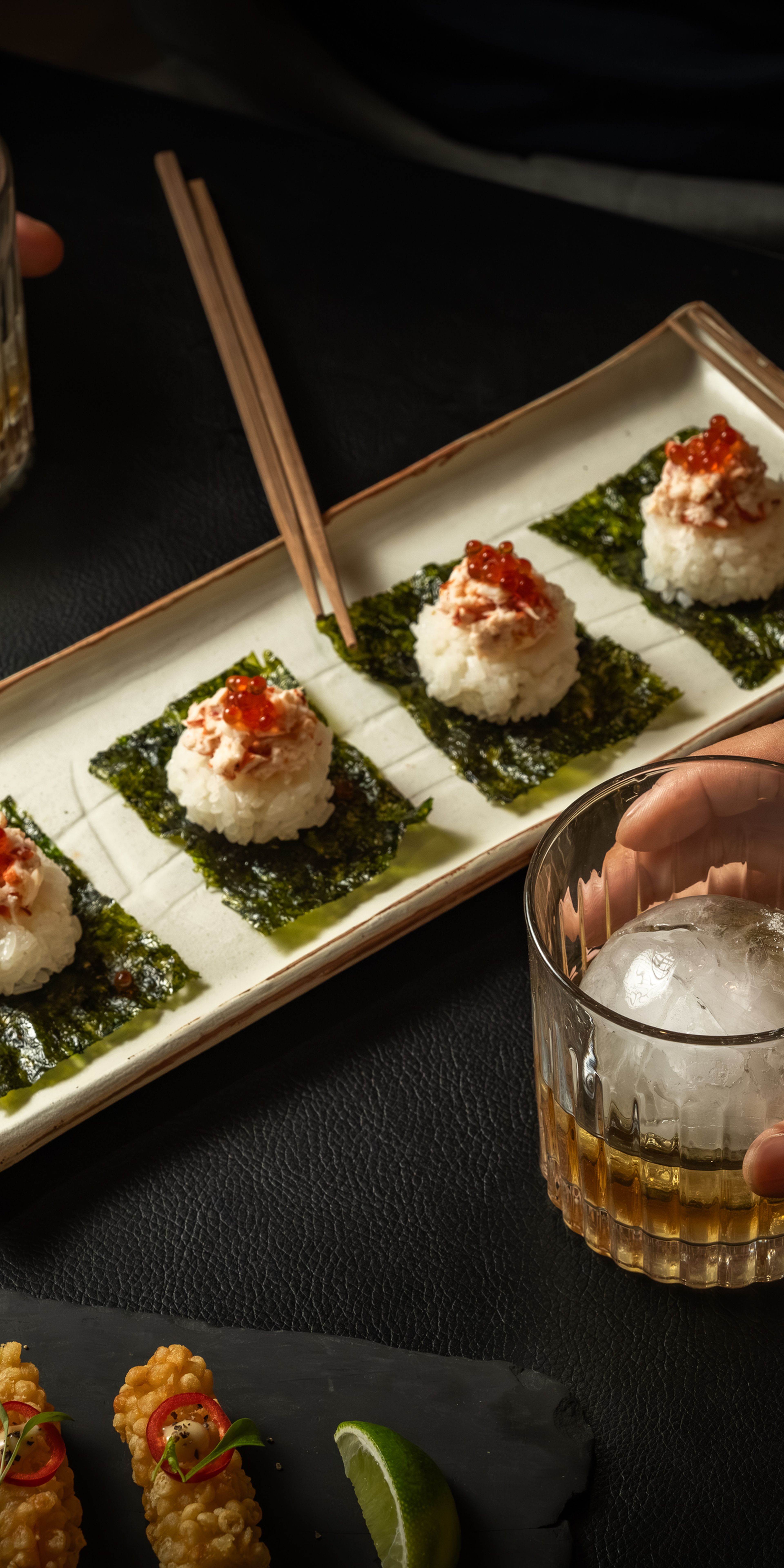 Whiskey, Dinner, Sushi, bites, Long table