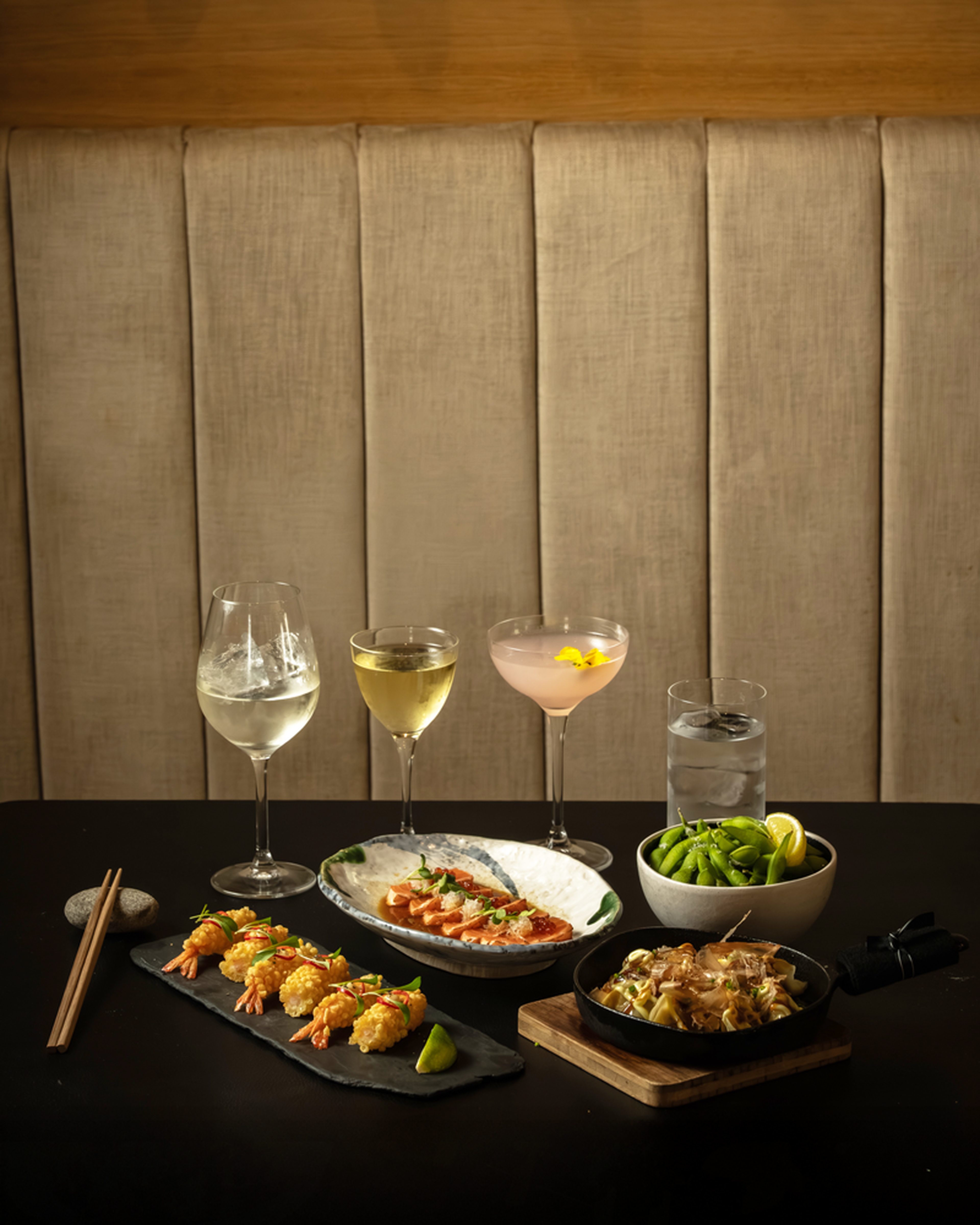 Sake and sushi on a table