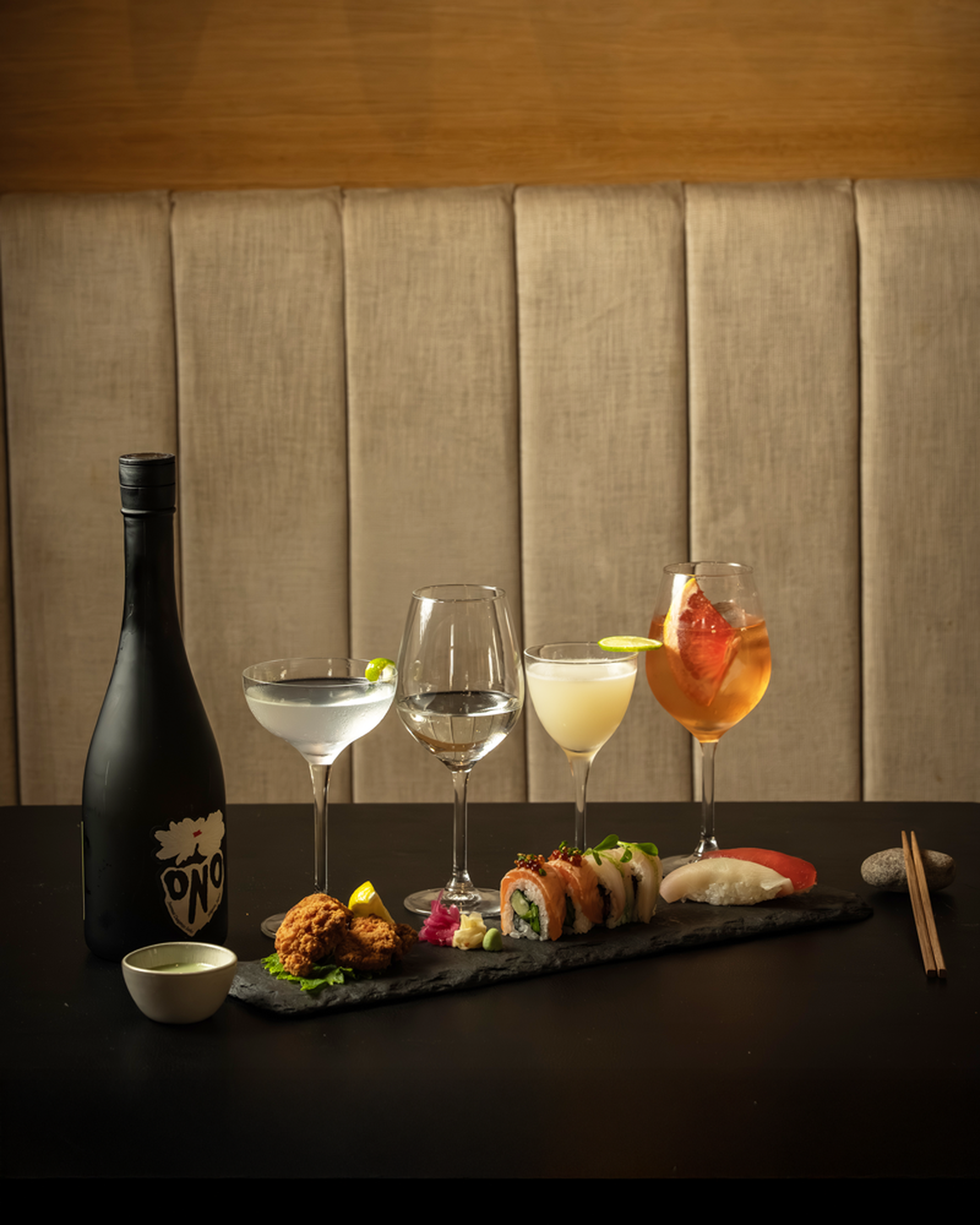 Sake and sushi on a table