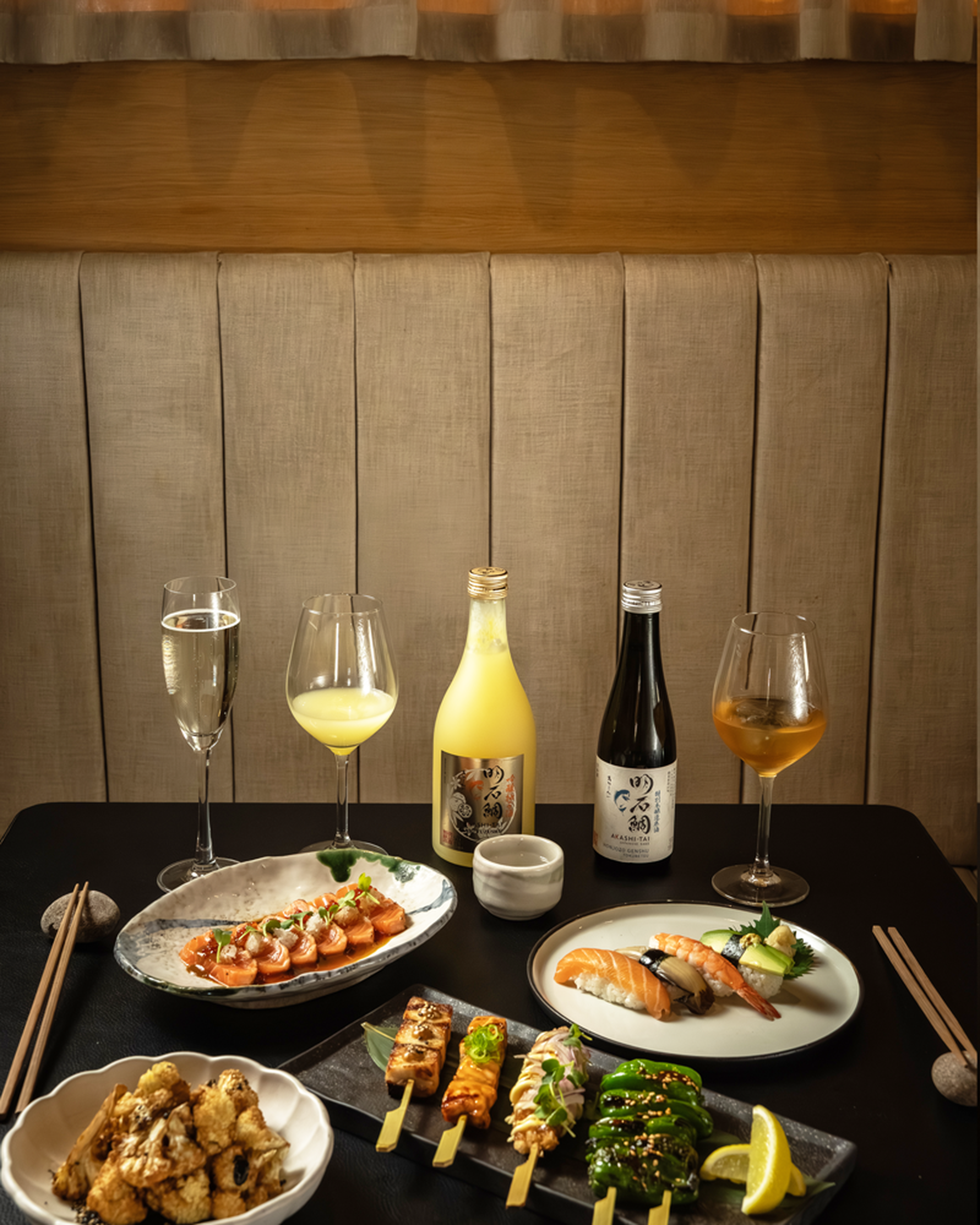 Sake and sushi on a table